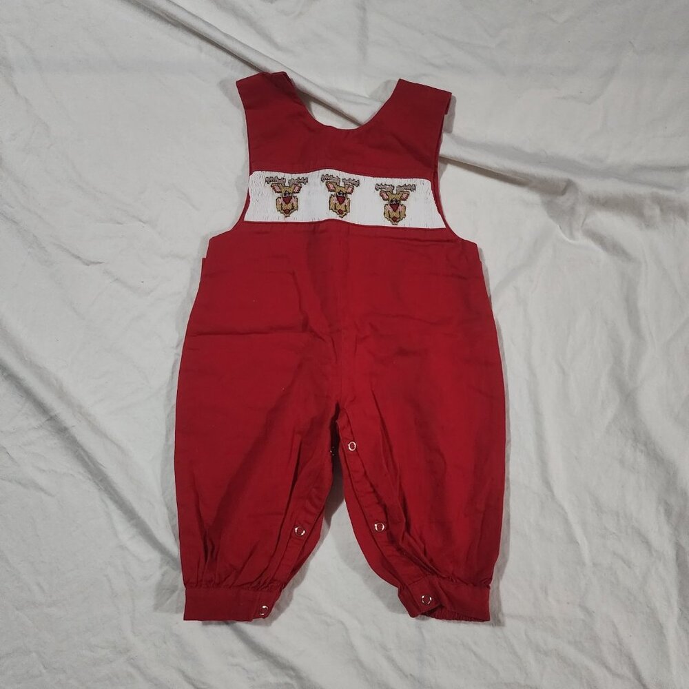 Angel's Kids Red Smocked Reindeer Christmas Romper 6M Sleeveless Cotton Romper